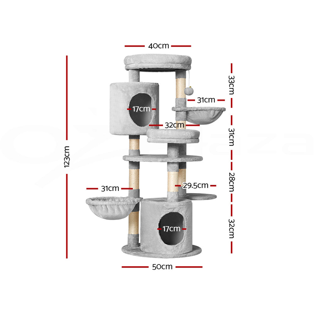 i.Pet 123cm Cat Tree Tower – Scratcher Condo with Bed & Toys (Grey)