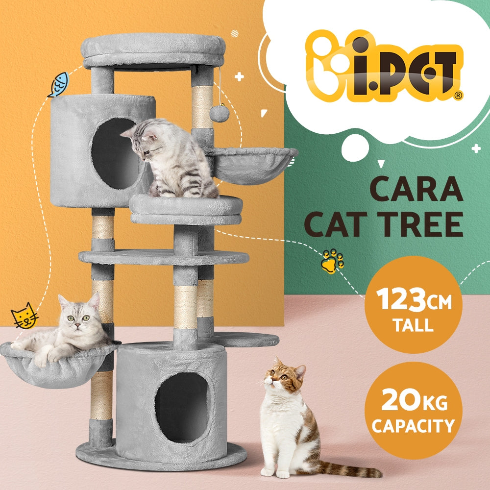 i.Pet 123cm Cat Tree Tower – Scratcher Condo with Bed & Toys (Grey)