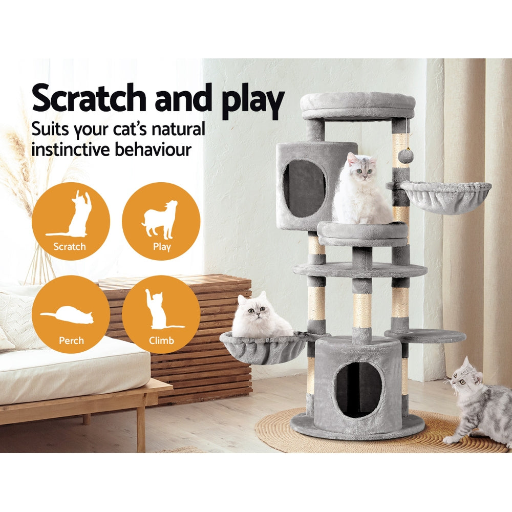 i.Pet 123cm Cat Tree Tower – Scratcher Condo with Bed & Toys (Grey)