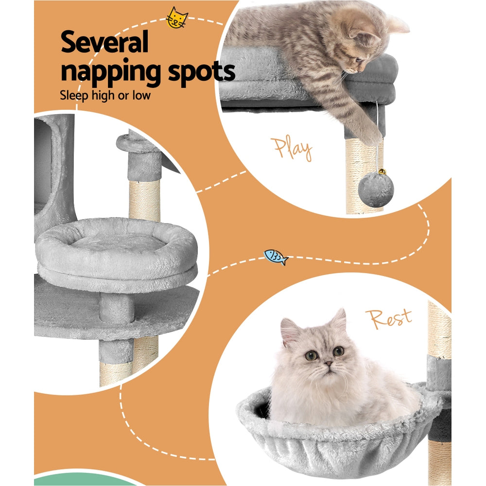 i.Pet 123cm Cat Tree Tower – Scratcher Condo with Bed & Toys (Grey)
