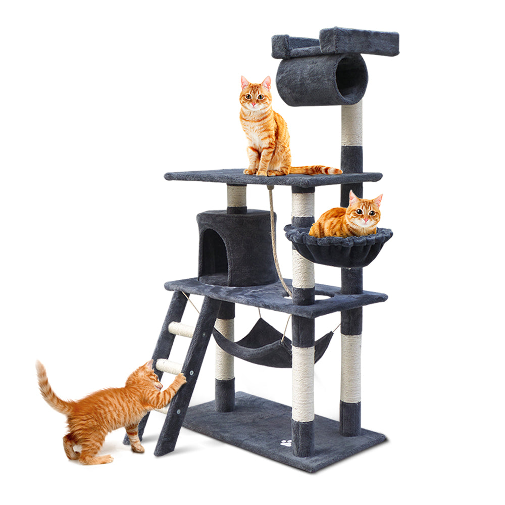 i.Pet 141cm Cat Tree Tower – Scratching Post, Condo House & Bed (Grey)