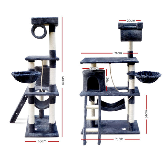 i.Pet 141cm Cat Tree Tower – Scratching Post, Condo House & Bed (Grey)