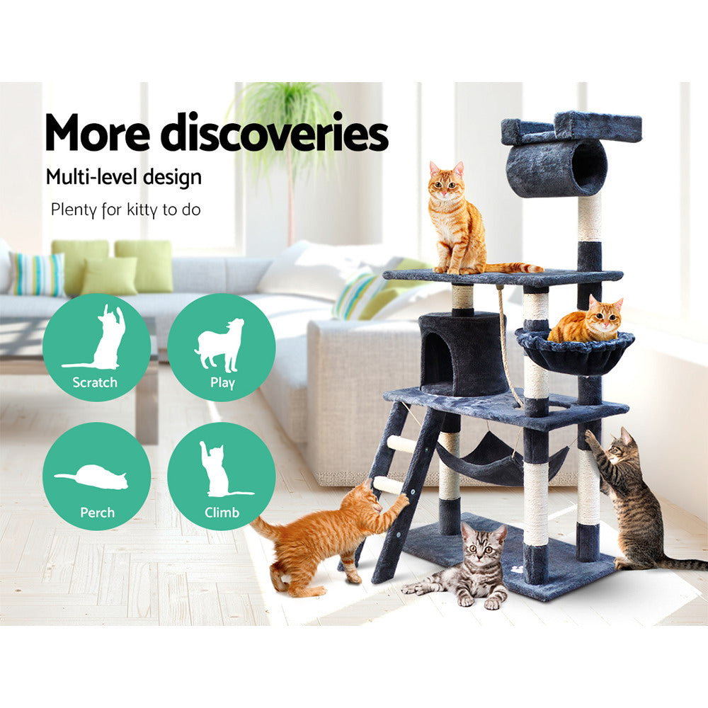 i.Pet 141cm Cat Tree Tower – Scratching Post, Condo House & Bed (Grey)