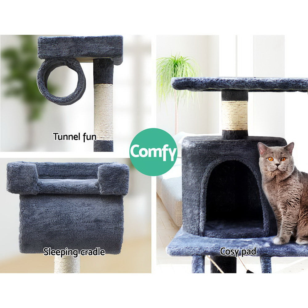 i.Pet 141cm Cat Tree Tower – Scratching Post, Condo House & Bed (Grey)