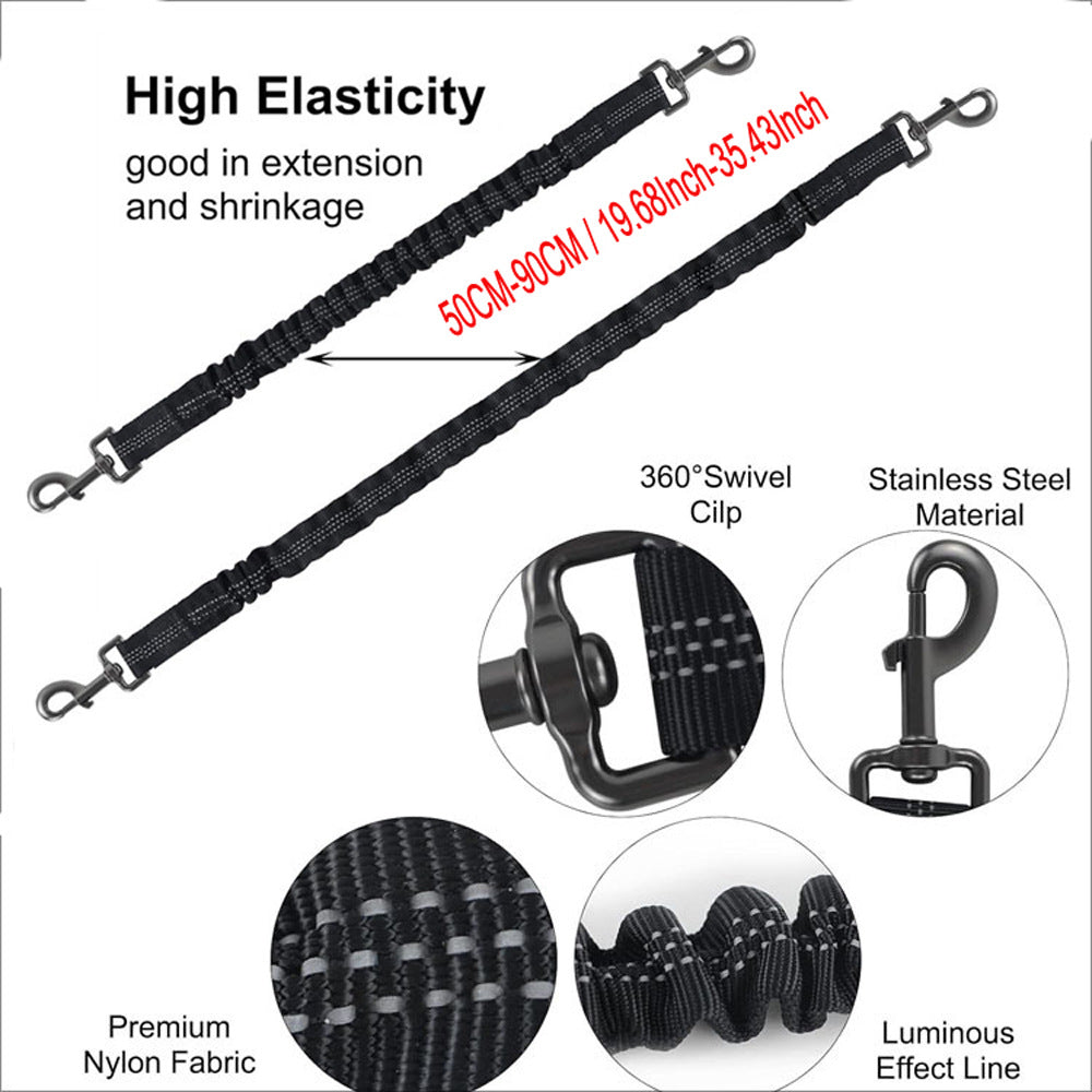 Black 3-in-1 Tangle-Free Dog Leash for 1–3 Dogs – Heavy Duty Bungee Coupler with Reflective Stitching & Padded Handle