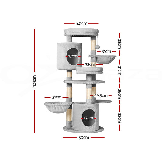 i.Pet 123cm Cat Tree Tower – Scratcher Condo with Bed & Toys (Grey)