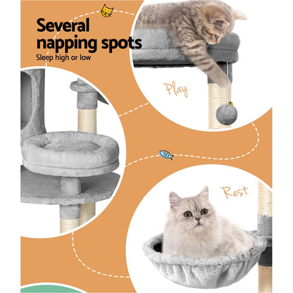 i.Pet 123cm Cat Tree Tower – Scratcher Condo with Bed & Toys (Grey)