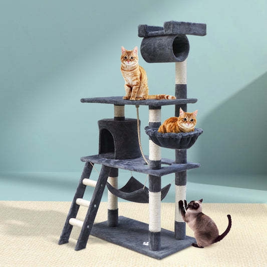 i.Pet 141cm Cat Tree Tower – Scratching Post, Condo House & Bed (Grey)