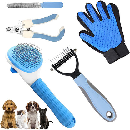 ✂️ Blue 5-Piece Pet Grooming Kit – Cat & Dog Brushes, Nail Clippers & More