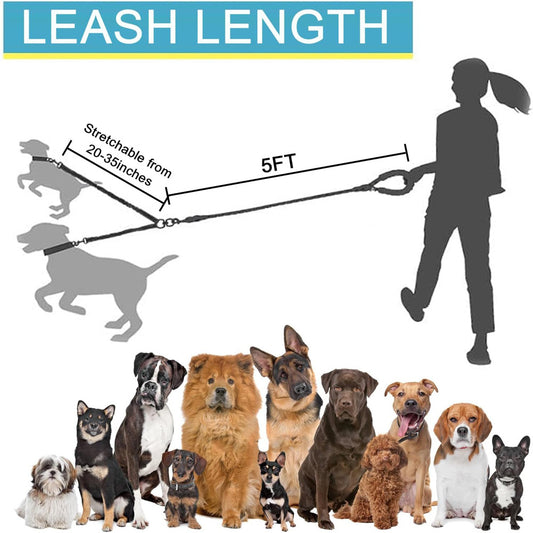 Black 3-in-1 Tangle-Free Dog Leash for 1–3 Dogs – Heavy Duty Bungee Coupler with Reflective Stitching & Padded Handle